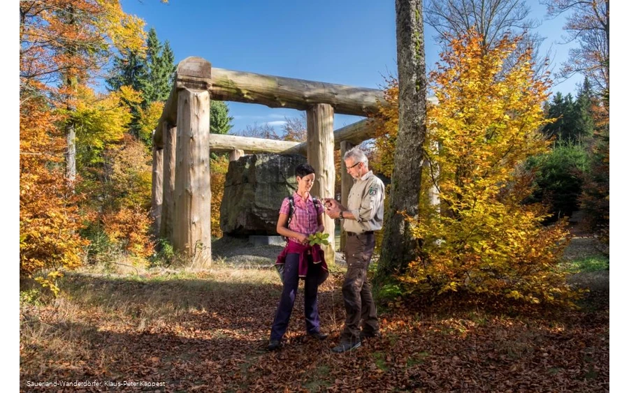 Tourführung rund um den Wald-Skulpturen-Weg mit Fokus auf die Stein-Zeit-Mensch Skulptur vor blauem Himmel