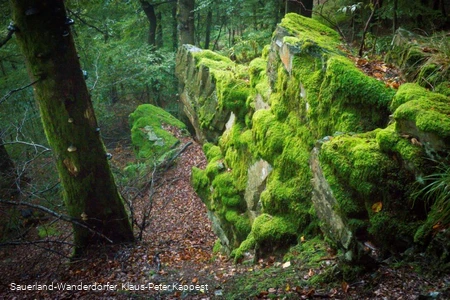 Mit Moos überzogener Hollenfelsen in den Sauerland-Wanderdörfern