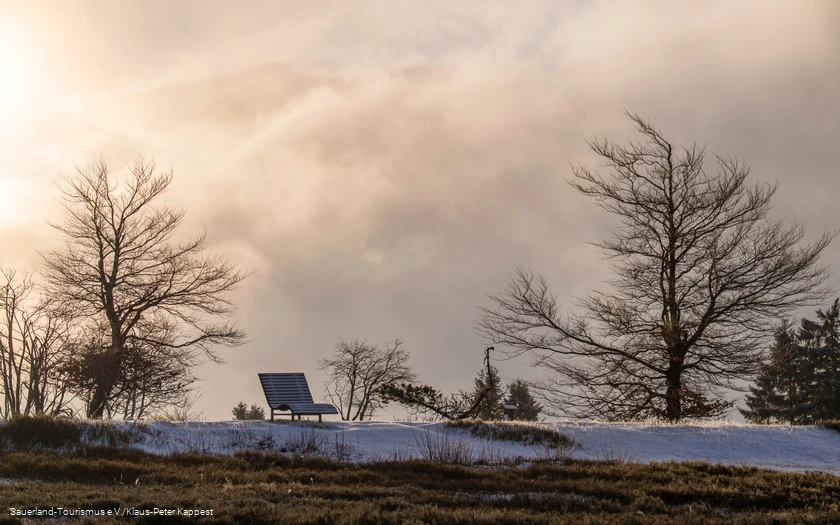 Wintermorgen auf dem Kahlen Asten mit einer Bank Wintermorgen auf dem Kahlen Asten mit einer Bank
