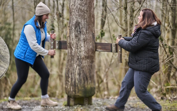 Zwei Frauen versuchen einen Baum abzusägen