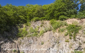Ein Steinbruch mit grün bewachsenen Flächen.