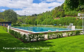 Ein Freibad mit großem Schwimmbecken umgeben von einer Liegewiese und Wald.