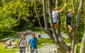 Familie am Kletterbaum an der Diemelquelle