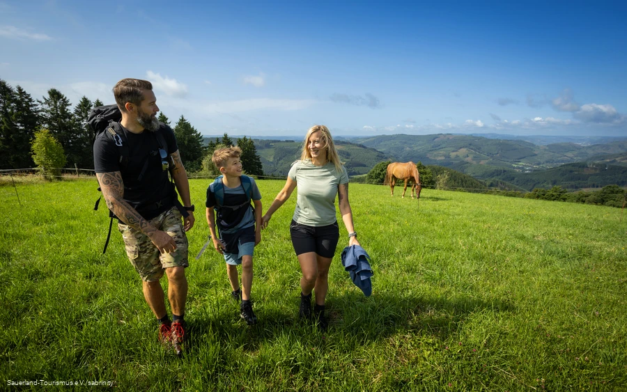 Ein Elternpaar wandert mit ihrem Sohn über eine Wiese, im Hintergrund steht en Pferd