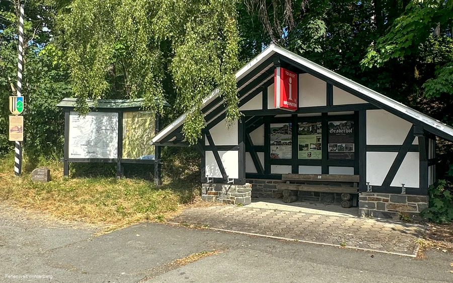 Informationstafel zu Wanderwegen in und um Hoheleye neben einer Schutzhütte mit weiteren Infotafeln rund um Hoheleye.