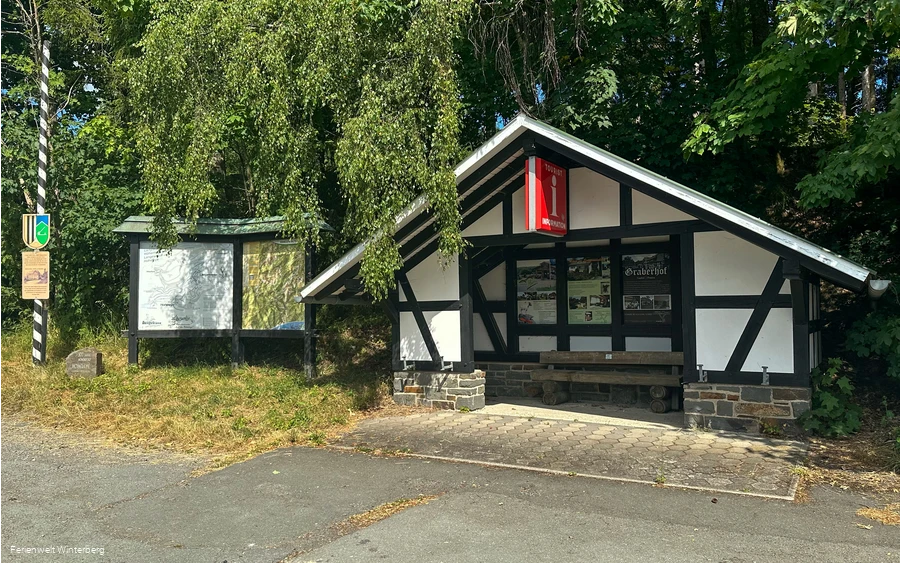 Informationstafel zu Wanderwegen in und um Hoheleye neben einer Schutzhütte mit weiteren Infotafeln rund um Hoheleye.