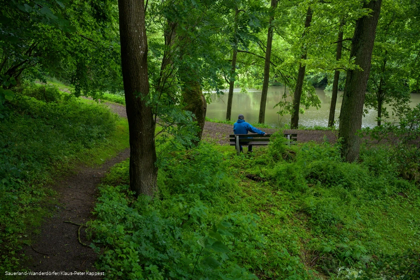 Ein Mann sitzt auf einer Parkbank am Teich vom Kloster Flechtorf