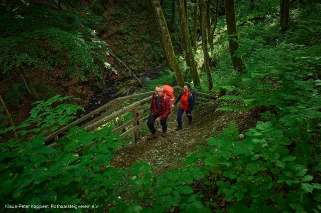 Wandernde im Helletal nahe Winterberg