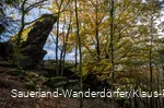 Ein schroffer Felsen im Buchenwald