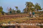 Ein Wanderpaar mit einem Hund in der winterlichen Heidelandschaft