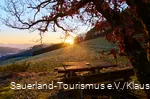 Winterlicher Sonnenuntergang mit einer Bank im Vordergrund
